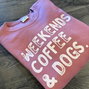 Oat Collective Weekends Coffee & Dogs Sweatshirt Medium Pink Graphic Crewneck